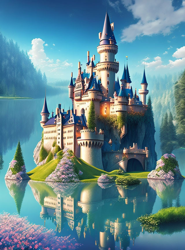 Fantasy castle with spires on island in crystal-clear waters