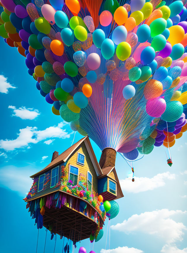 Colorful balloon-lifted house against blue sky