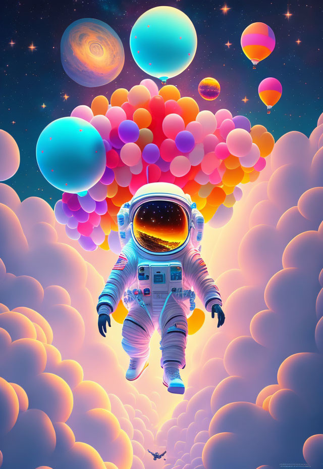 Astronaut surrounded by vibrant balloons in whimsical cosmic scene