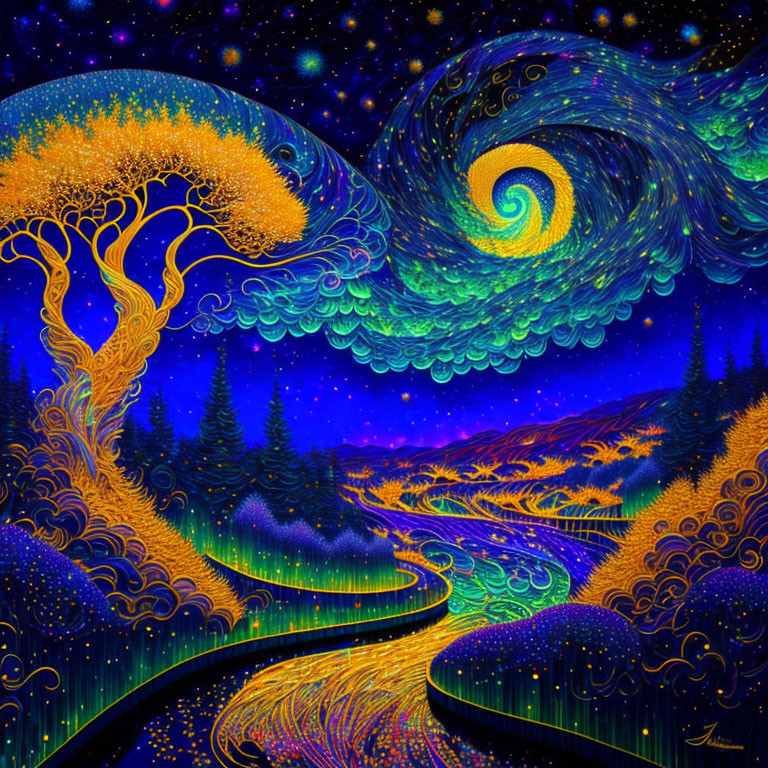 Colorful night sky with golden tree and winding path in vivid art style