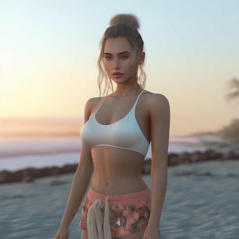 Digital 3D rendering of woman in bun hairstyle on beach at sunset