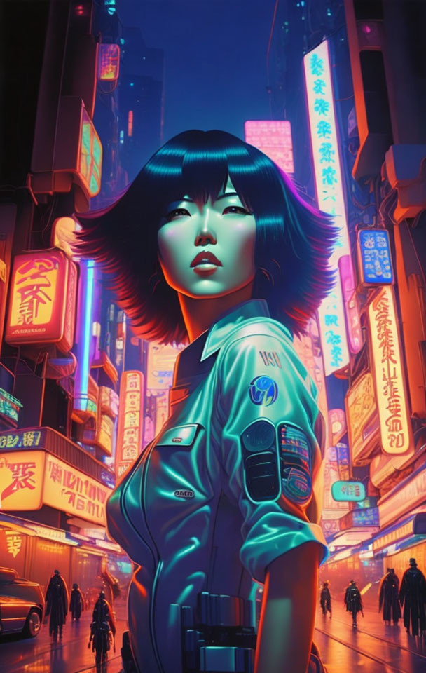 Futuristic digital artwork of woman in bob haircut in neon-lit cityscape