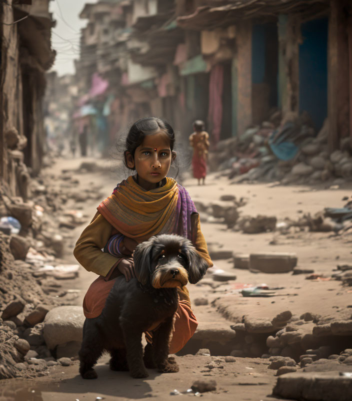 Young girl in colorful outfit with black dog on dusty street, old buildings in background