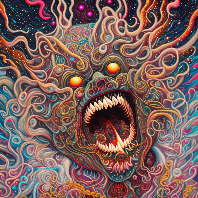 Colorful psychedelic painting of intricate monstrous face with glowing eyes in cosmic backdrop