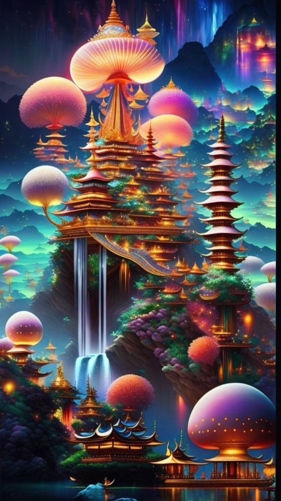 Fantasy landscape with glowing mushrooms, pagodas, waterfalls, and starry sky