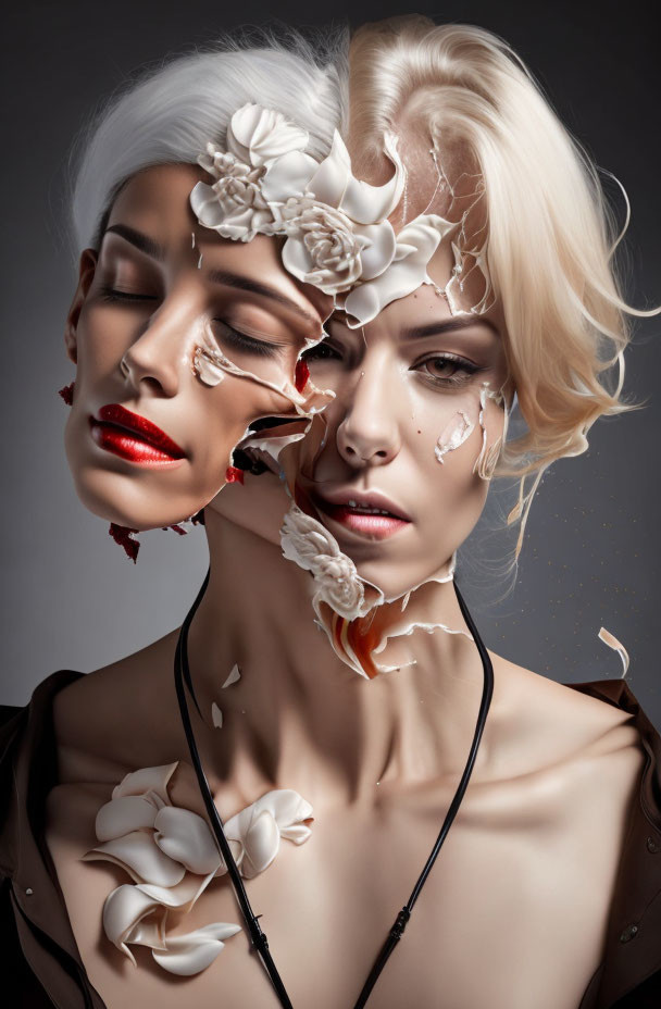 Surreal portrait of woman with cracked porcelain facade and white floral accents