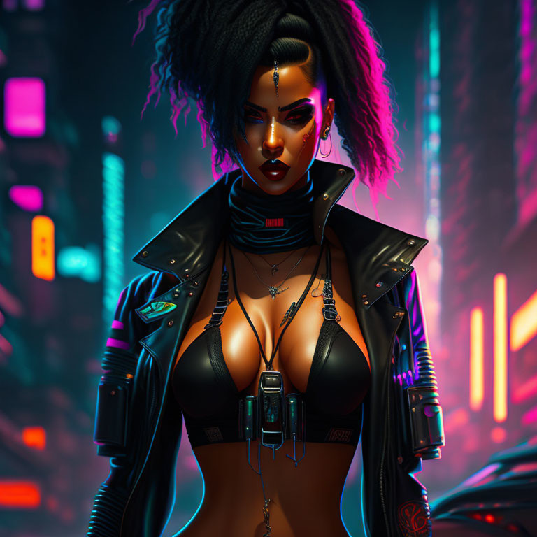 Digital illustration of woman in cyberpunk fashion with neon cityscape.