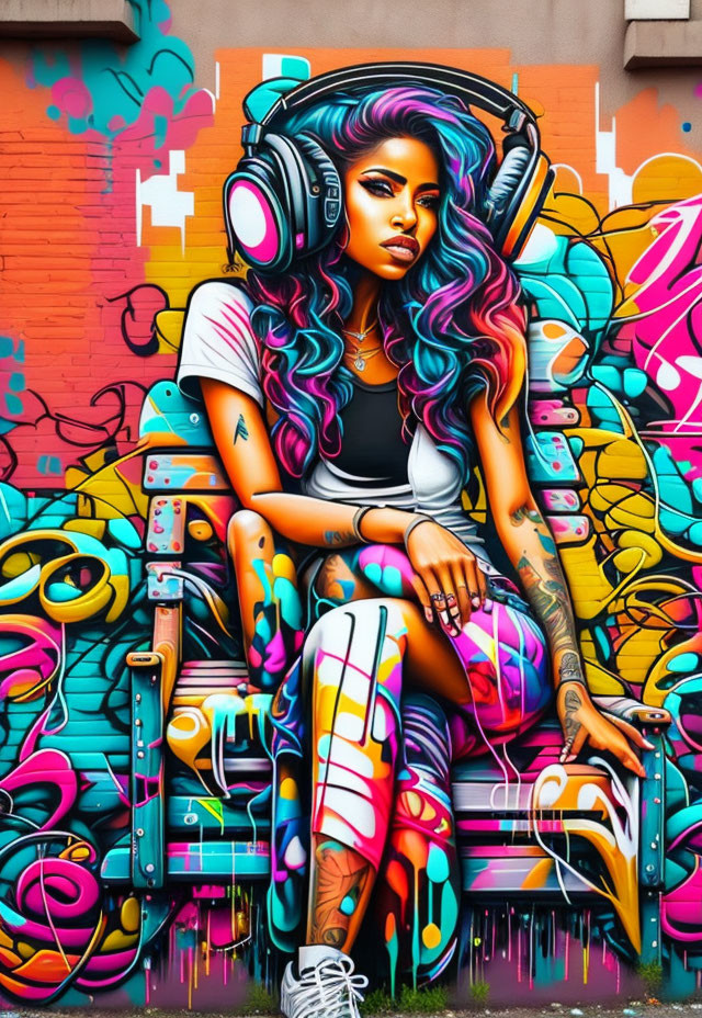 Colorful street art: woman with headphones, vibrant hair, tattooed arms, against graffiti background