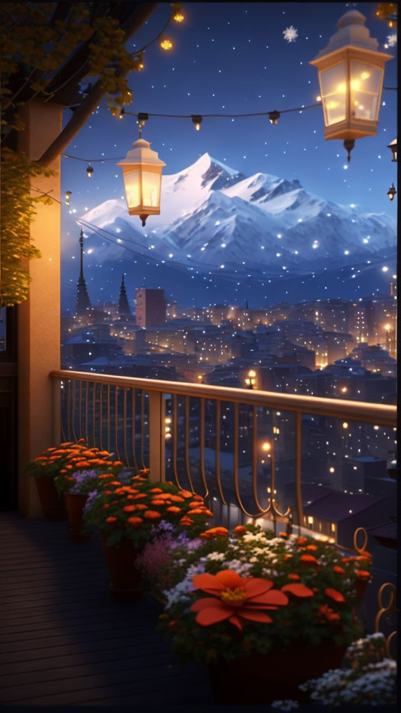 Night cityscape balcony with lanterns, flowers, snowflakes, mountains, and starlit sky