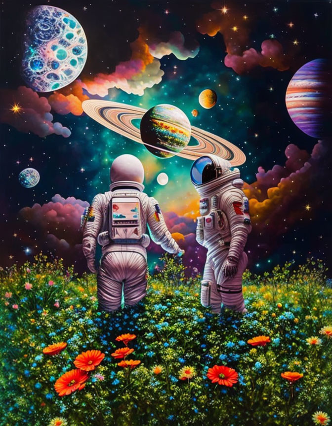 Astronauts in vibrant flower field view surreal cosmic scene