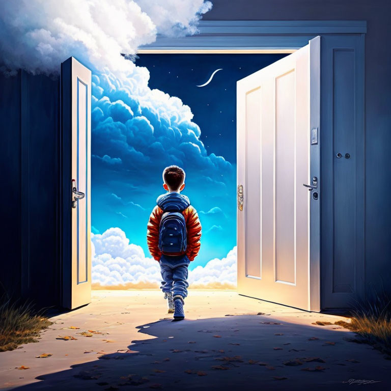 Young boy between open doors: Daytime sky with clouds and calm night sky symbolize choice