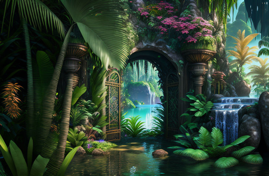 Vibrant jungle scene with waterfall, gate, and lush foliage