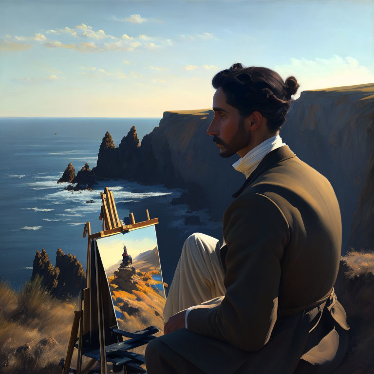 Artist painting coastal scene with cliffs and ocean under clear sky