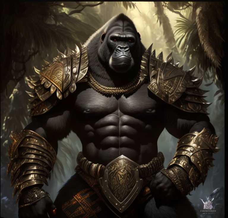 Majestic gorilla in golden armor in lush jungle