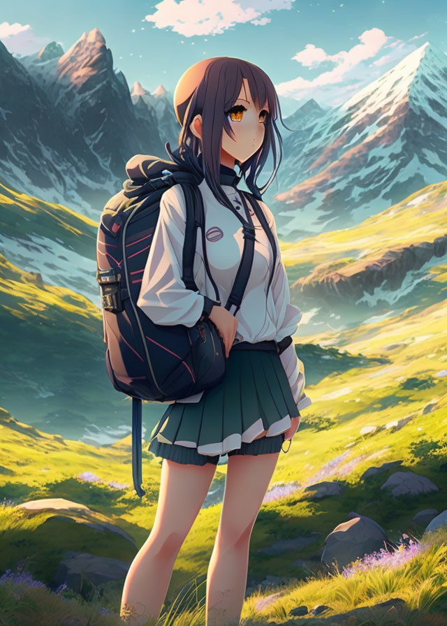 Animated girl in mountain landscape with backpack and sunlight.