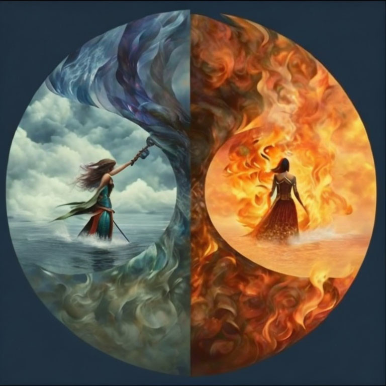 Yin-Yang Symbol with Water and Fire Themes Featuring Women