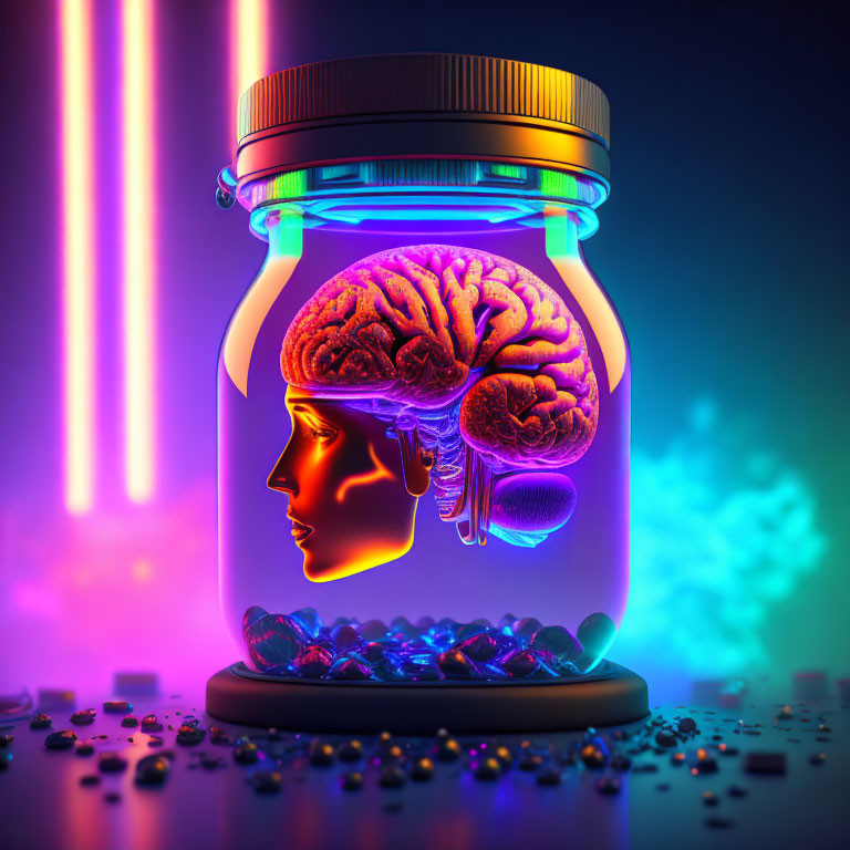 Colorful human brain in jar with face profile on neon background