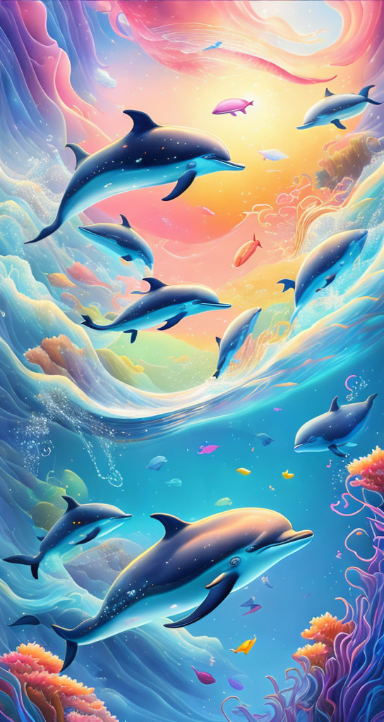 Colorful Dolphins Leaping in Ocean Illustration