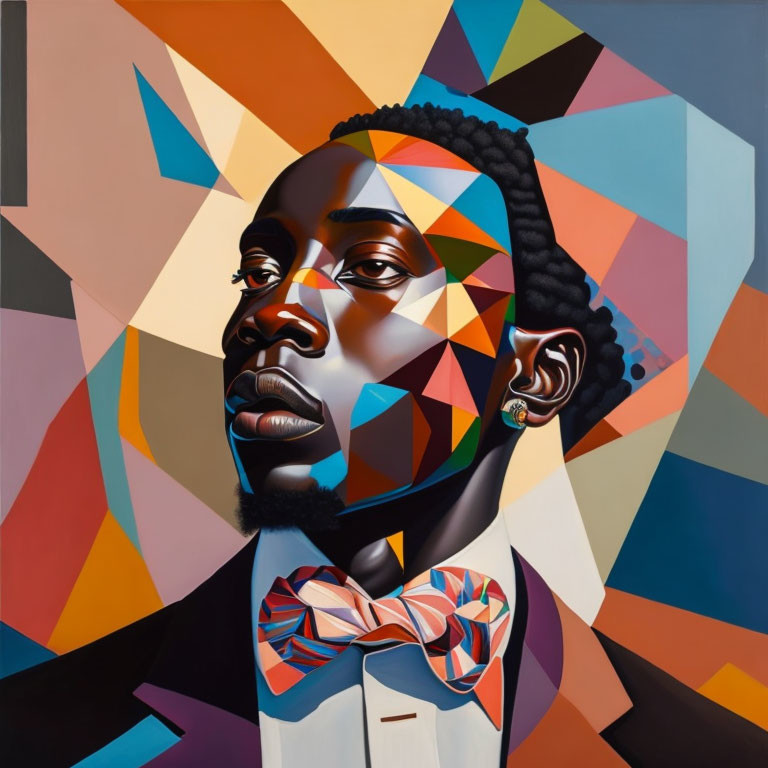 Vibrant geometric portrait of a man with bowtie and earring