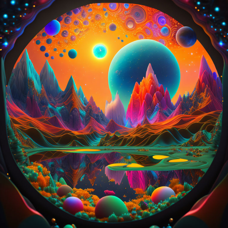 Colorful Psychedelic Landscape with Surreal Elements and Planetary Sky