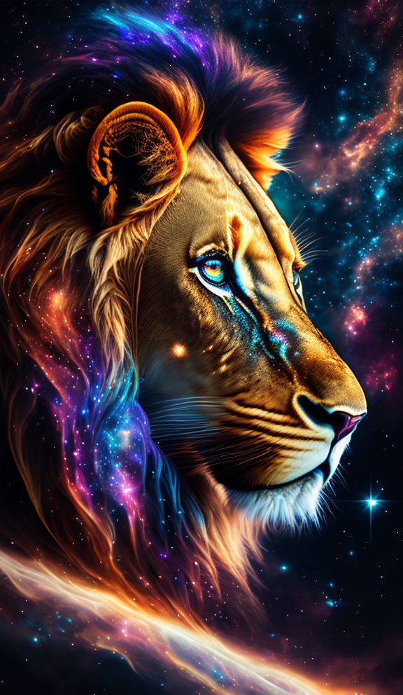 Colorful Lion Head Artwork with Cosmic Background