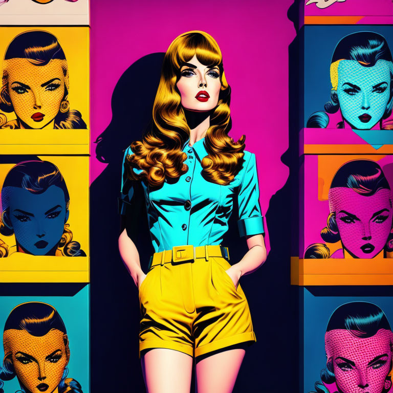 Pop Art Style Image: Woman in Retro Outfit with Colorful Female Faces Panels