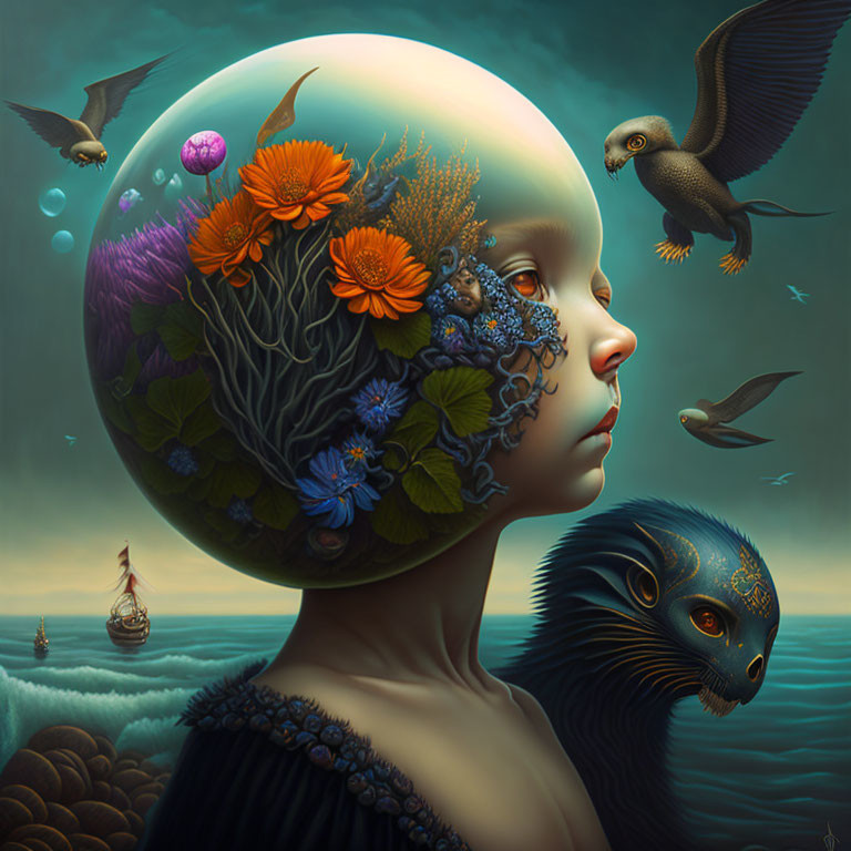 Surreal illustration of figure with globe-like head and blue dragon creature