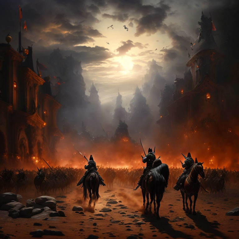 Medieval knights on horseback in fiery battlefield with soldiers and fortresses at sunset