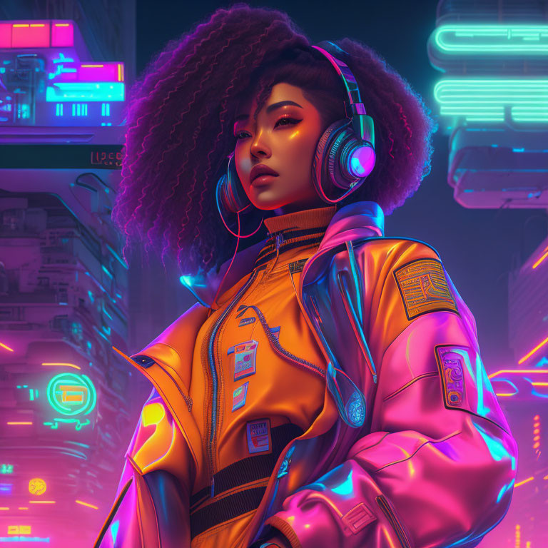 Voluminous hair woman in futuristic orange jacket against neon-lit urban backdrop