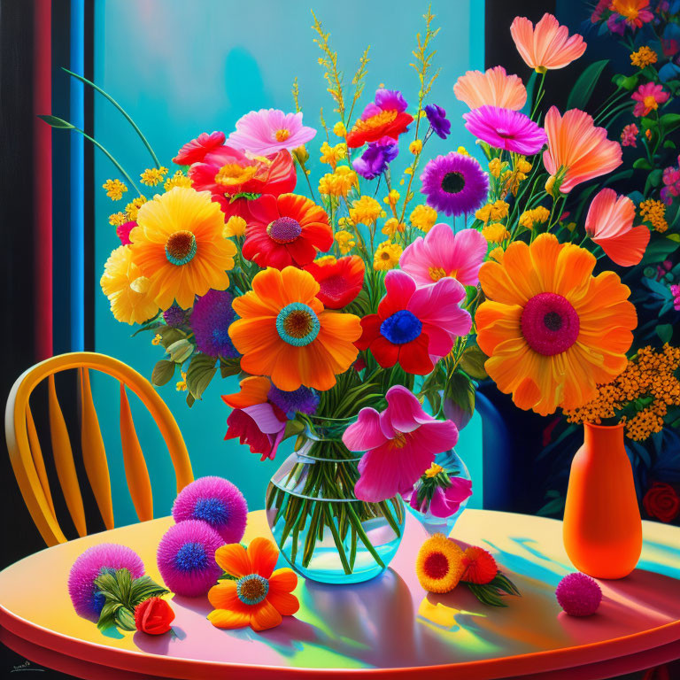 Colorful Flower Arrangement in Clear Vase on Colorful Table