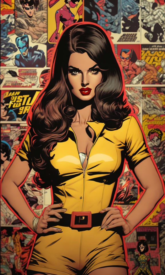 Voluminous hair woman in yellow jumpsuit with comic book covers background