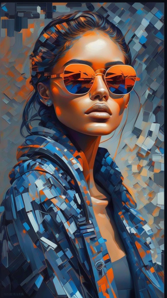 Stylized digital portrait of a woman in orange sunglasses and patterned jacket