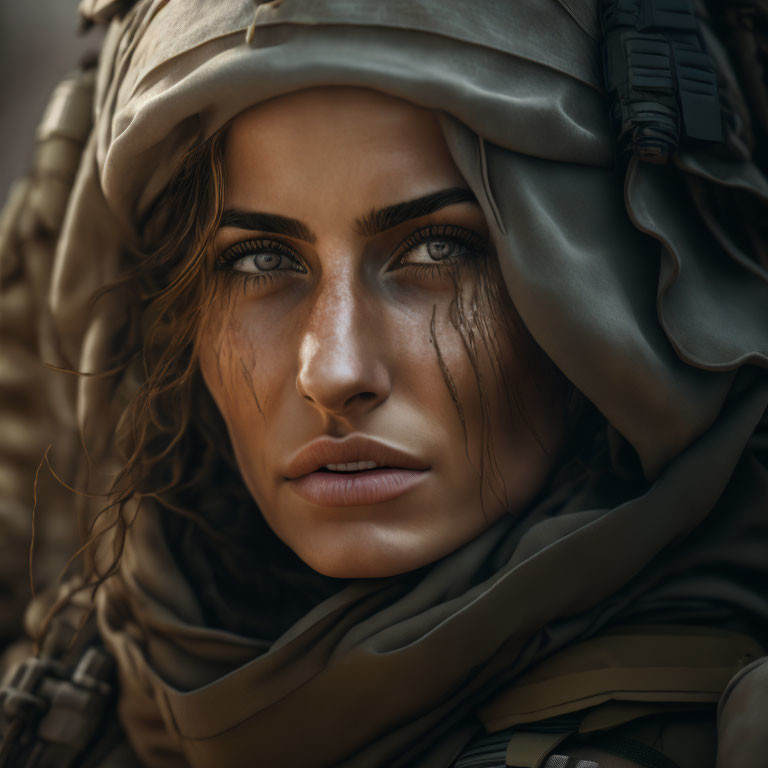 Intense green-eyed woman in tactical gear with wavy brown hair