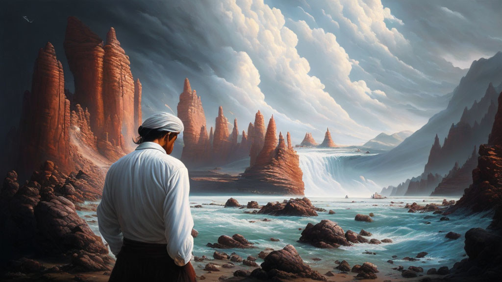 Person in White Attire Amid Surreal Landscape with Red Rocks, Waterfall, and Dramatic Cloud