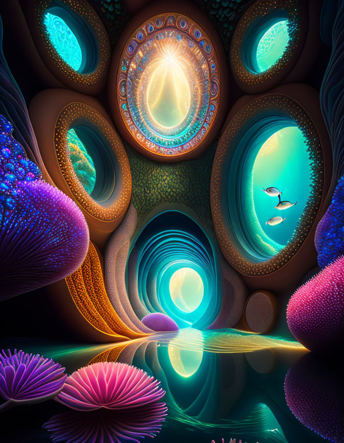 Surreal dreamscape with luminescent flora, aqua-toned portals, and a solitary