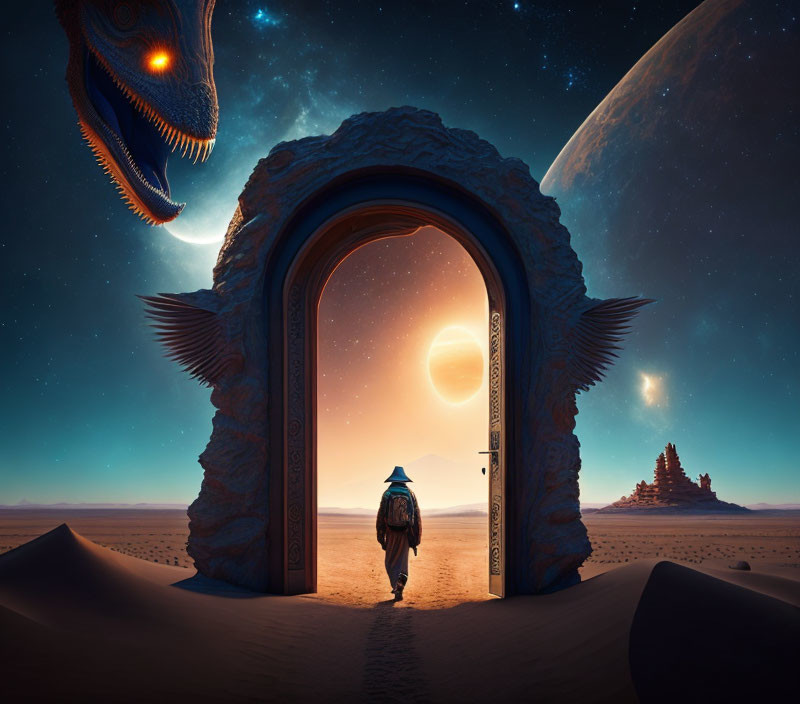 Traveler encounters surreal desert landscape with moon, pyramids, and dinosaur head.