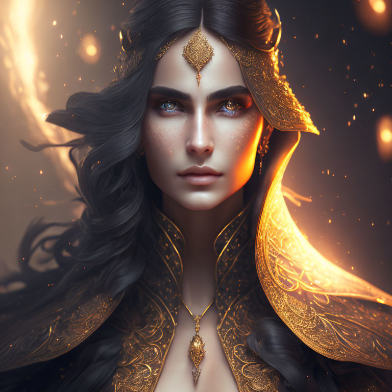 Ethereal woman adorned with gold jewelry in fiery ambiance