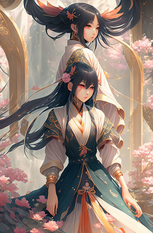 Animated female characters in traditional Asian attire under blossoming tree