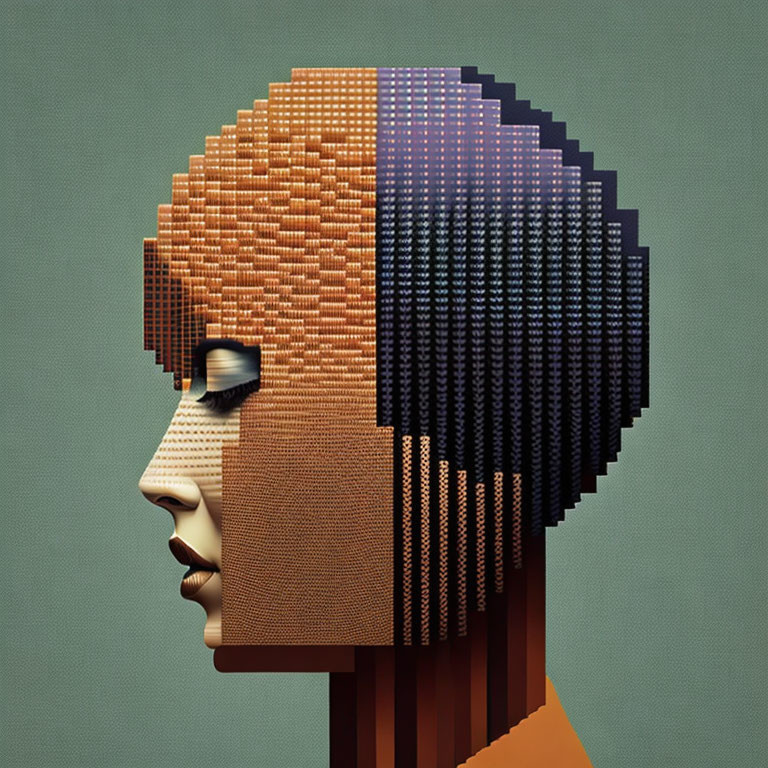 Digital artwork: Woman's profile with wooden block head transitioning to pixels on green background