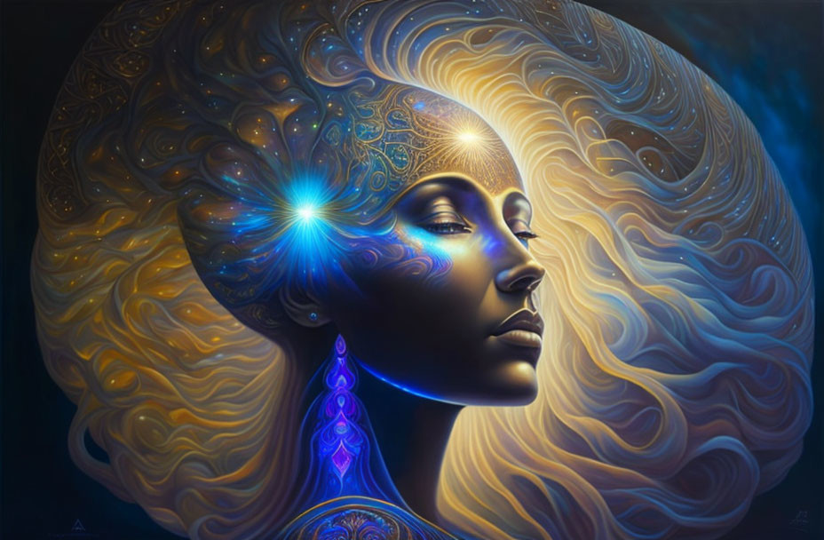 Digital artwork: Woman with golden hair, glowing forehead, and mystical blue light.