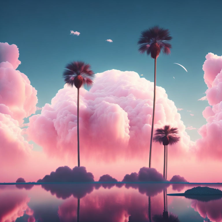 Surreal landscape: pink clouds, palm trees, crescent moon