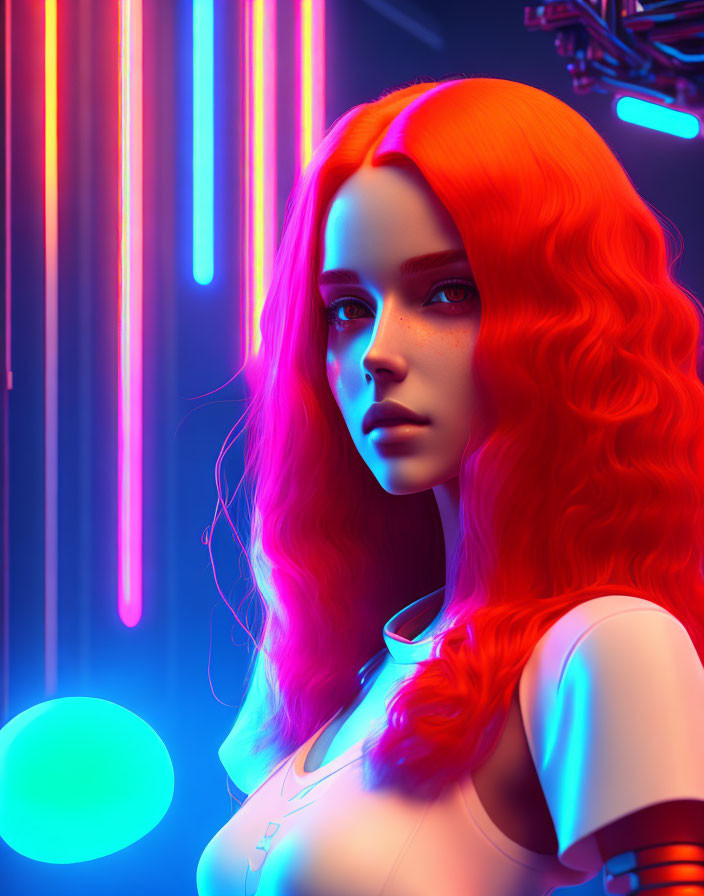 Vibrant red hair woman with blue lighting in digital art