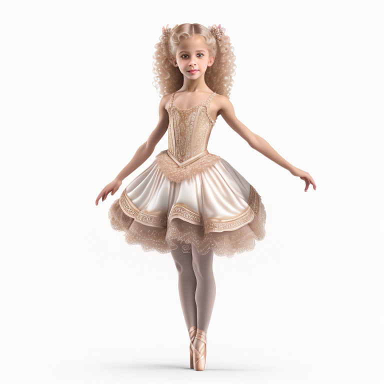 Young ballerina in beige tutu and pointe shoes posing gracefully on one leg