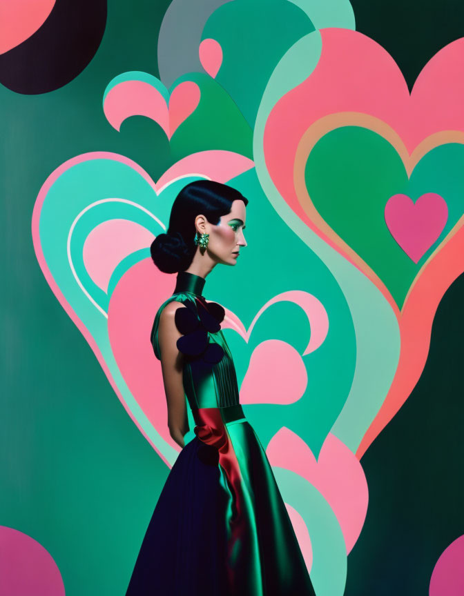 Elegant woman in dress with vibrant heart-shaped patterns.