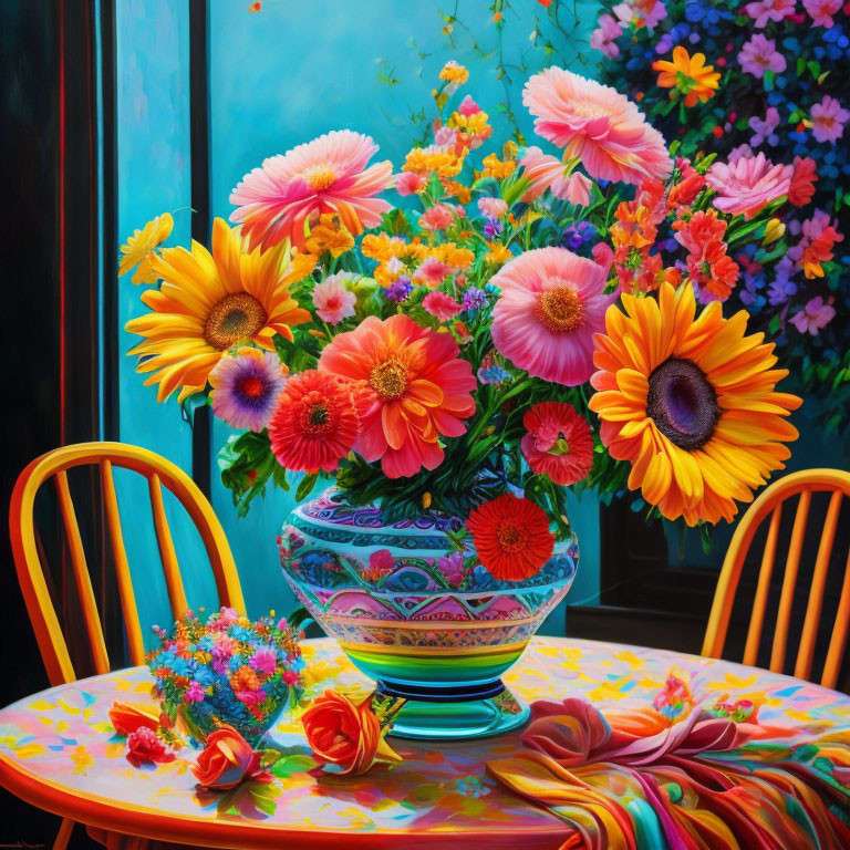 Colorful Still Life Painting with Flowers, Vase, Tablecloth, and Chairs