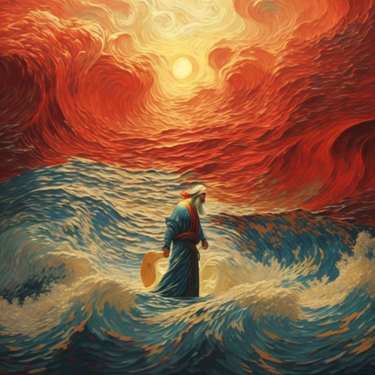 Blue-robed figure in turbulent waves under red and orange sky