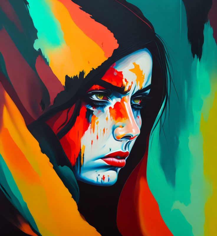 Colorful portrait of a hooded figure with orange, red, and teal splashes