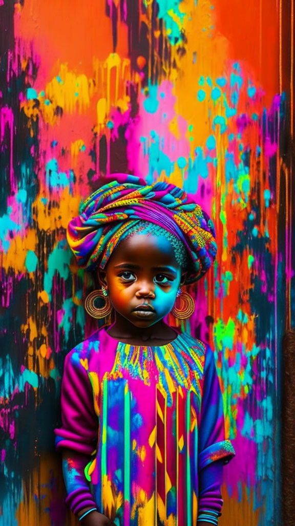 Vibrant young girl in multicolored headwrap and outfit against bold painted wall