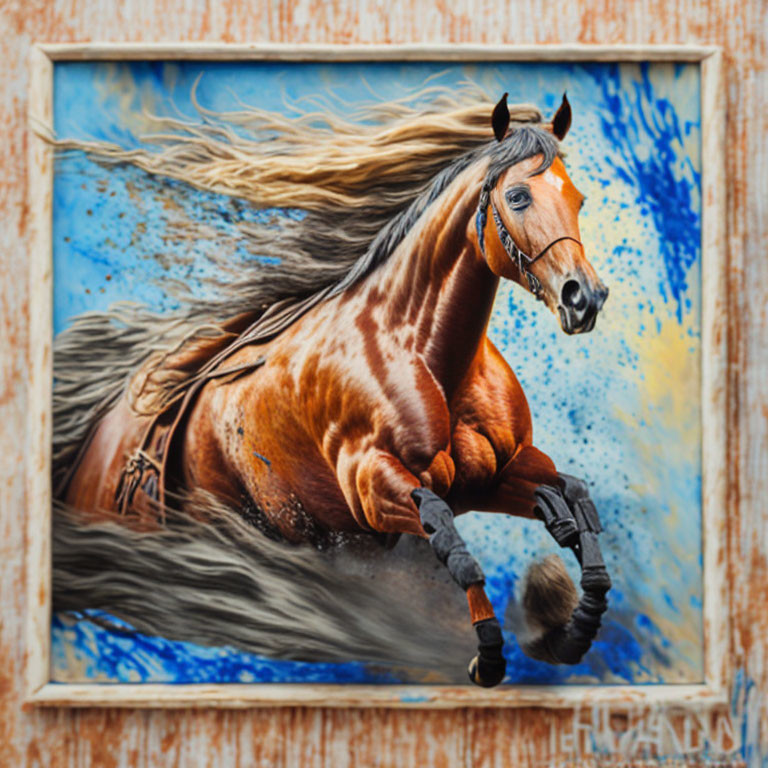 Dynamic Brown Horse Galloping Against Blue and Yellow Background on Wood Frame