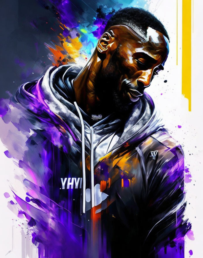 Colorful digital artwork: Man in hoodie with dynamic splashes